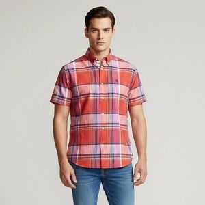120 RALPH LAUREN Men's Classic Fit Short Sleeve Plaid Cotton Shirt - Large